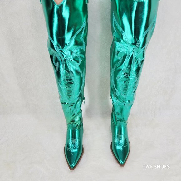 Country Disco Cowboy Metallic Green Western Cowgirl OTK Thigh Boots New - Picture 13 of 15